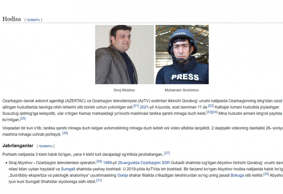 “Vikipediya”da Susuzluq kəndi yaxınlığında baş vermiş faciə haqqında özbək dilində məqalə yaradılıb