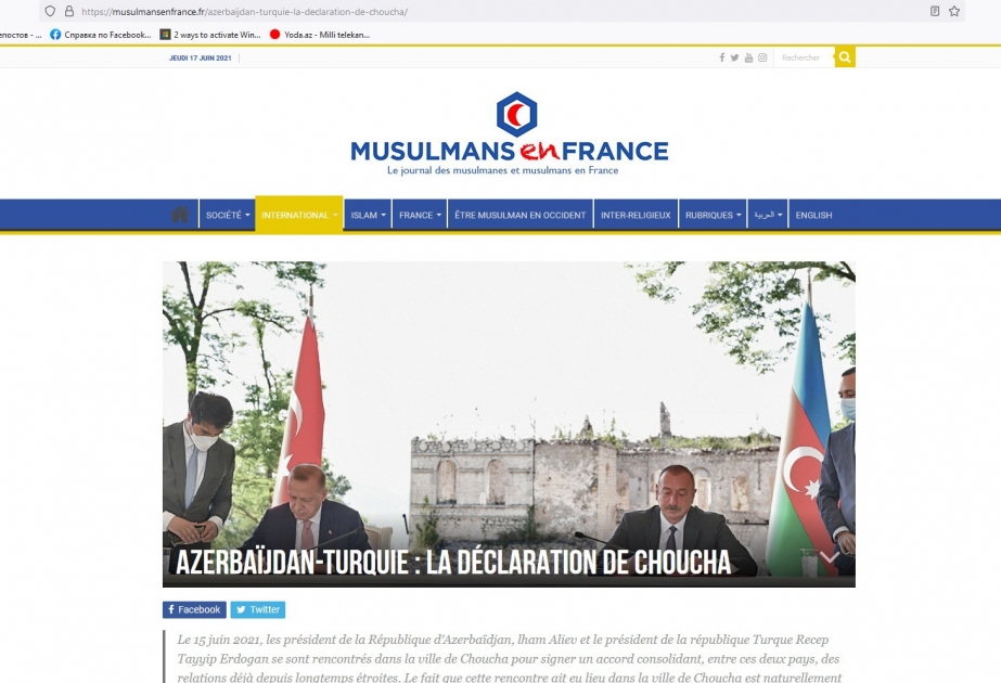 Fransa portalları Şuşa Bəyannaməsi barədə məqalələr yayıb
