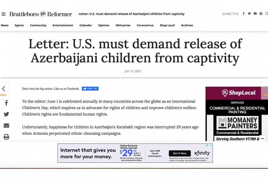 Brattleboro Reformer: США должны потребовать освобождения азербайджанских детей из плена