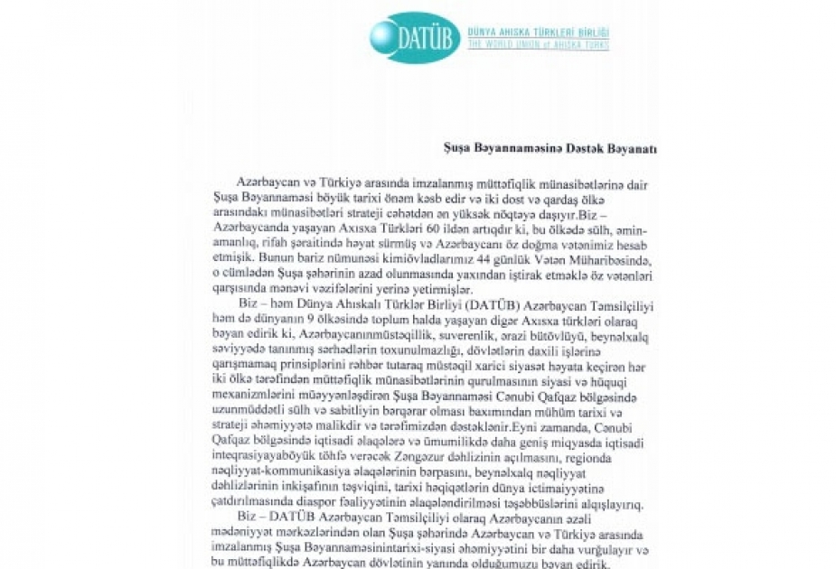 Axıska türkləri Azərbaycanın qədim mədəniyyət paytaxtında imzalanmış Şuşa Bəyannaməsini alqışlayırlar