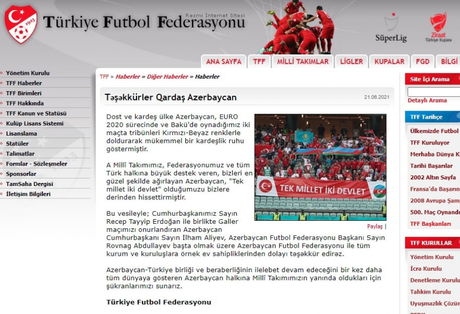 Türkiyə Futbol Federasiyası: Təşəkkürlər, qardaş Azərbaycan