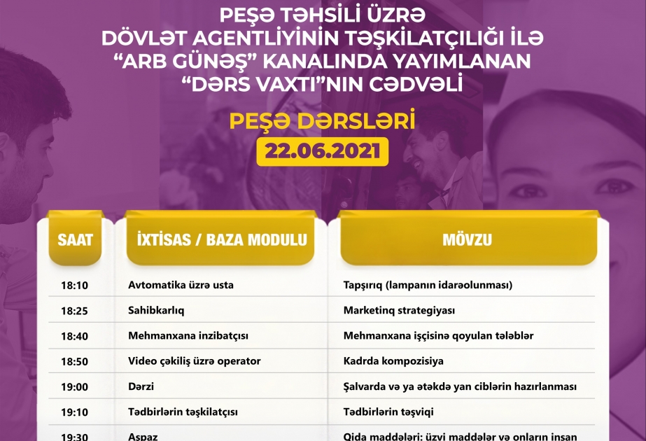 Peşə təhsili üzrə “Dərs vaxtı”nın sabaha olan cədvəli müəyyənləşib