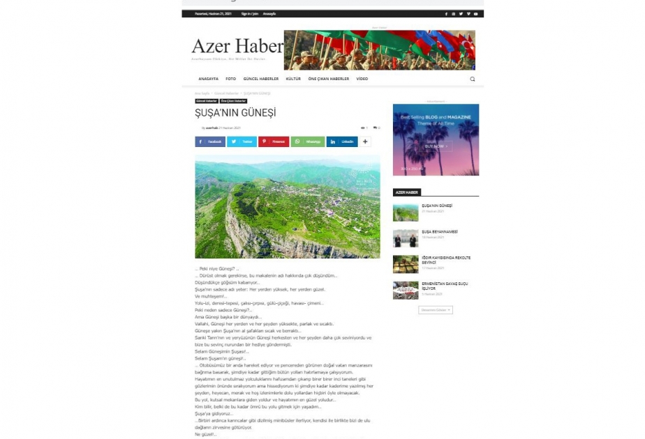 Azərbaycanlı yazıçı-publisistin “Şuşanın günəşi” sərlövhəli məqaləsi Türkiyə KİV-də dərc olunub