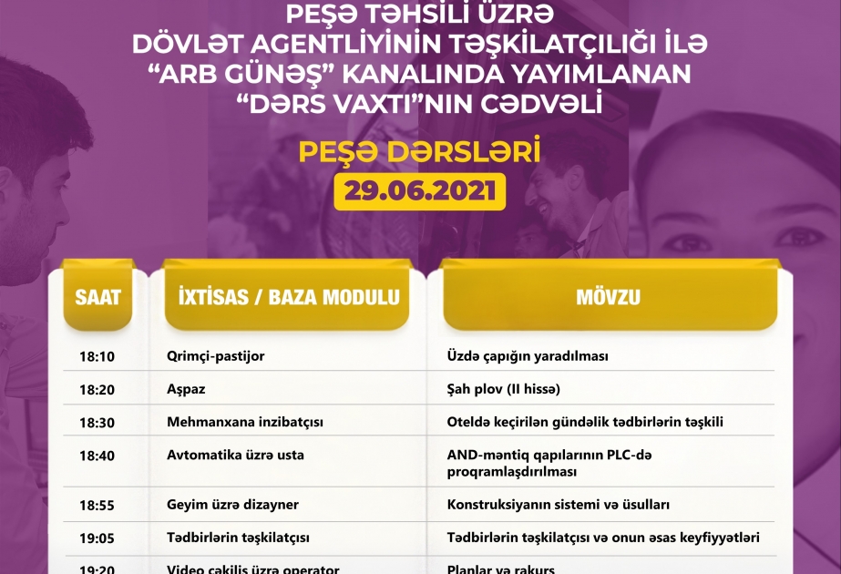 Peşə təhsili üzrə “Dərs vaxtı”nın iyunun 29-na olan cədvəli
