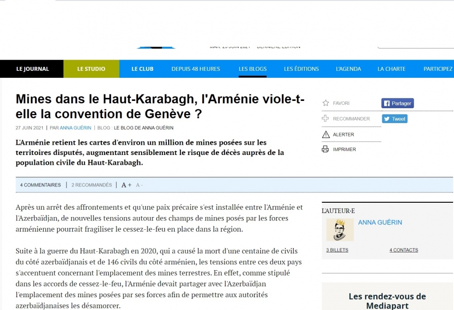 Un site français : Mines dans le Haut-Karabagh, l'Arménie viole-t-elle la convention de Genève?