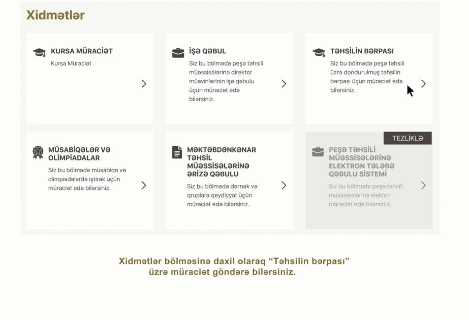 Təhsil Nazirliyinin elektron xidmətlər portalında peşə təhsili pilləsi üzrə yeni xidmət istifadəyə verilib