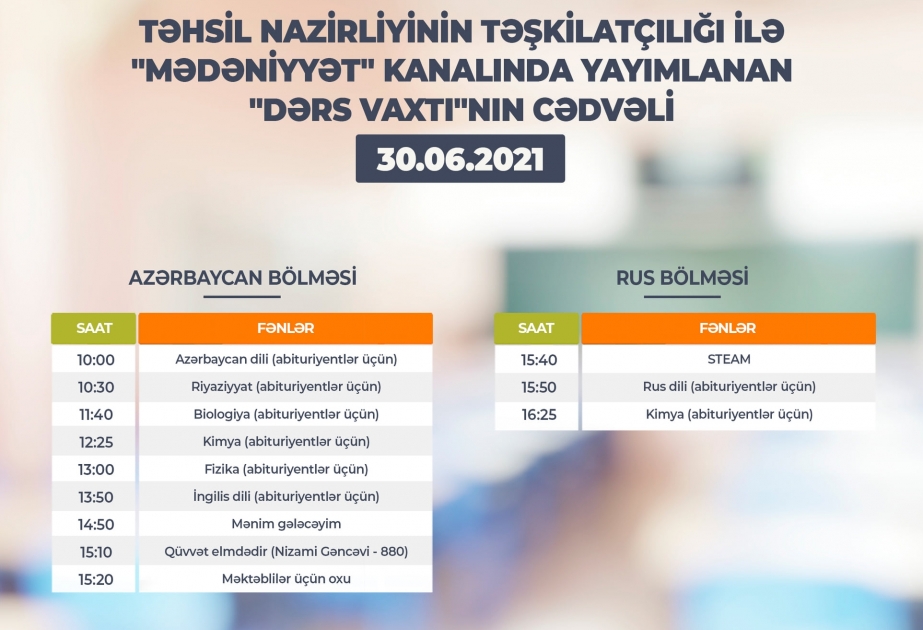 Teledərslərin iyunun 30-na olan cədvəli