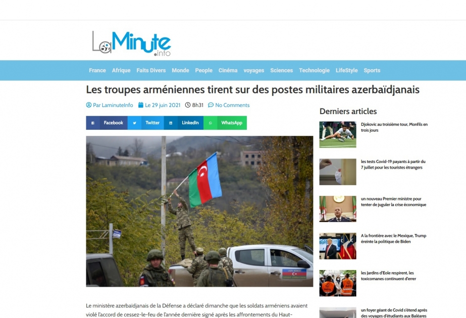 Fransa portalı erməni hərbçilərinin Azərbaycan ərazisini atəşə tutmasından yazıb