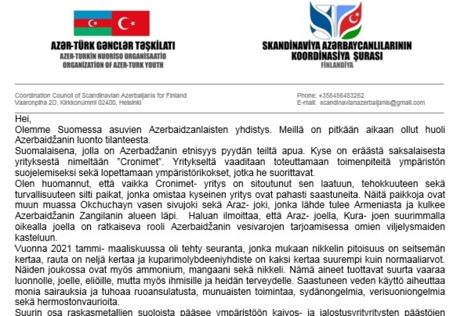 Finlandiyadakı soydaşlarımız “Oxçuçay fəlakəti” ilə əlaqədar beynəlxalq təşkilatlara müraciət edib
