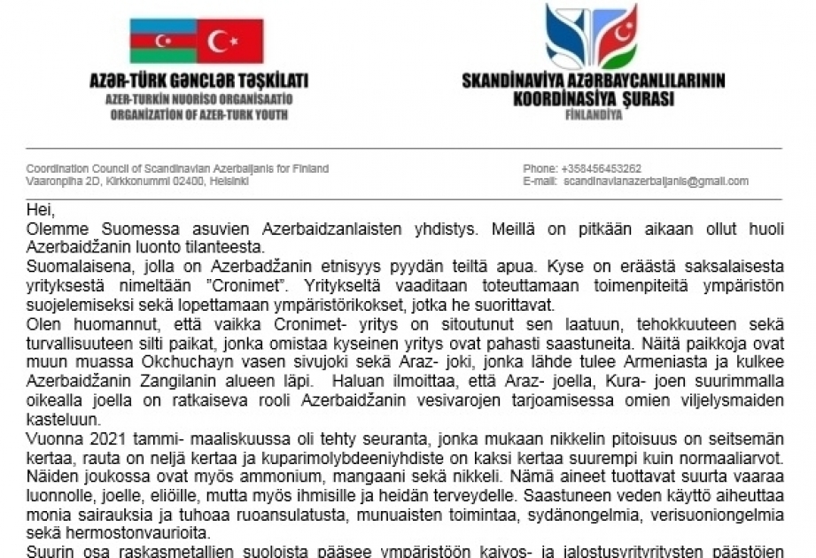 Ciudadanos azerbaiyanos de Finlandia han hecho un llamamiento a las organizaciones internacionales en relación con la contaminación del río Okhchuchay