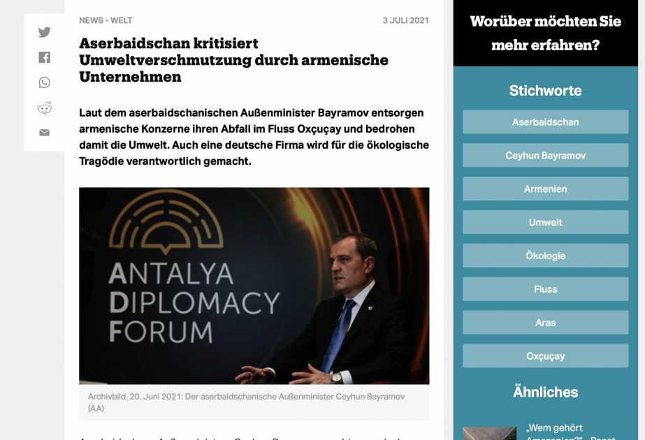 “TRT Deutsch” Ermənistan şirkətlərinin Azərbaycan ərazilərini çirkləndirməsinə dair məqalə dərc edib