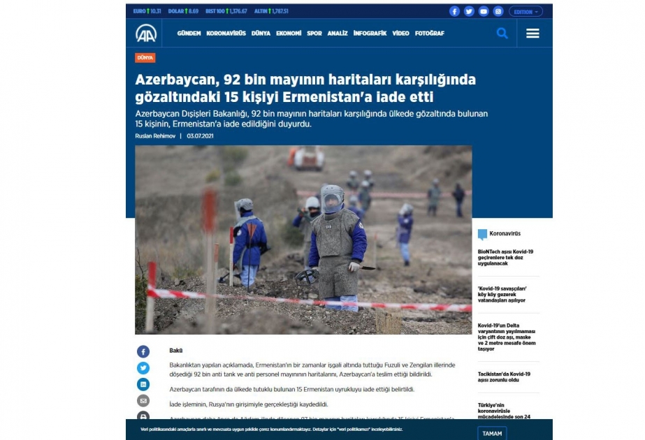 Ermənistanın növbəti mina xəritələrini Azərbaycana verməsi Türkiyə mediasında geniş işıqlandırılıb