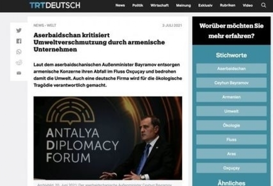 Un portal de noticias alemán emite un artículo sobre la contaminación de los ríos de Azerbaiyán por parte de Armenia