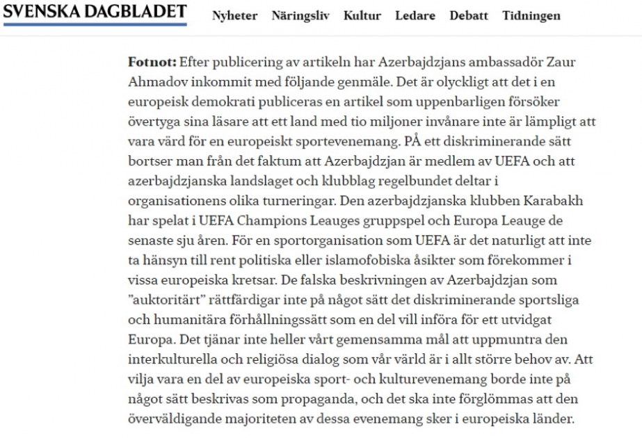 Azərbaycanın İsveçdəki səfiri ölkəmizin “Avro-2020”nin oyunlarına ev sahibliyinə kölgə salmağa çalışanları ifşa edib
