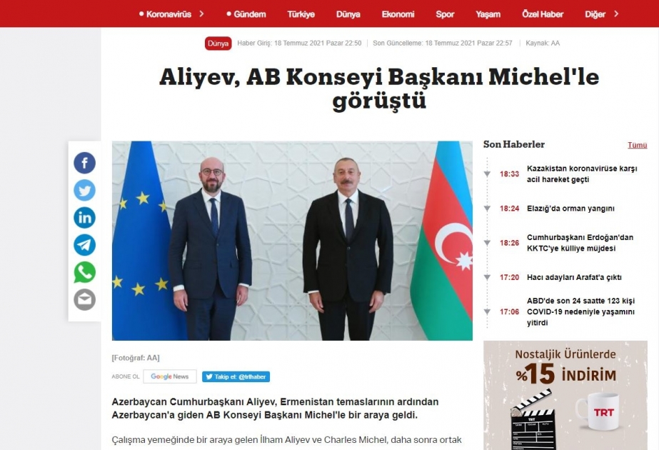 Şarl Mişelin Azərbaycana səfəri Türkiyə mediası tərəfindən geniş işıqlandırılıb