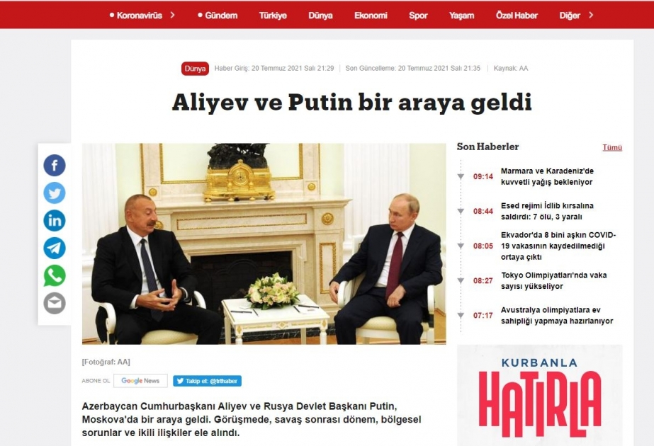 Prezident İlham Əliyevin Rusiyaya səfəri Türkiyə mediasının diqqət mərkəzində olub