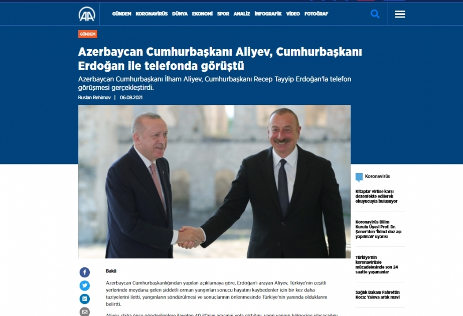 Azərbaycan və Türkiyə prezidentlərinin telefon danışığı qardaş ölkə mediası tərəfindən geniş işıqlandırılıb