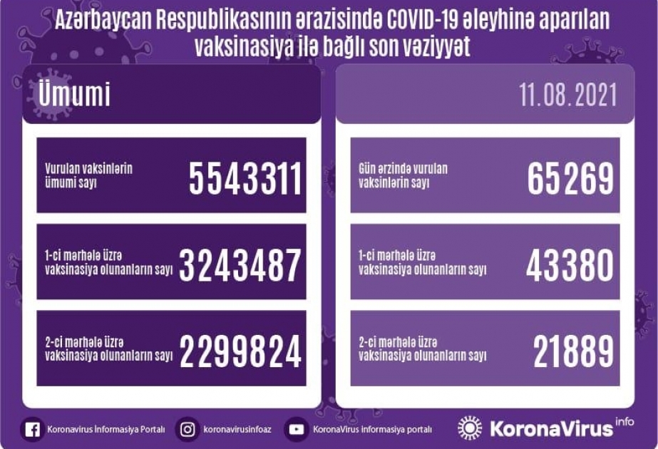 Avqustun 11-də COVID-19 əleyhinə 65 min dozadan çox peyvənd vurulub