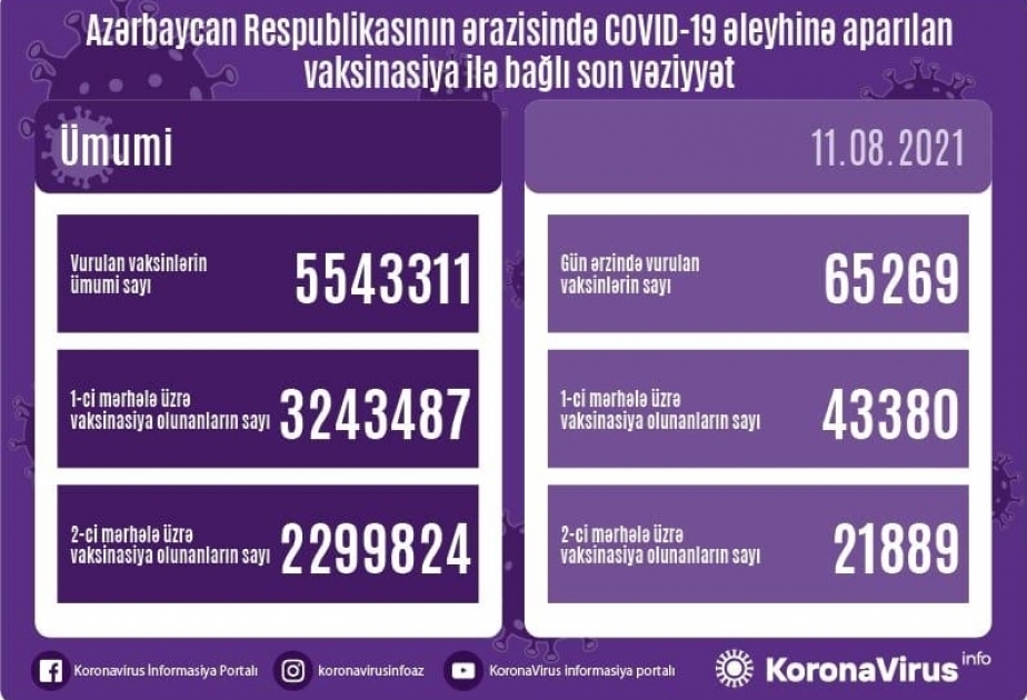 11 августа в Азербайджане введено более 65 тысяч доз вакцин против COVID-19