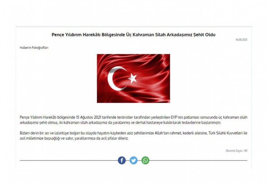 Türkiyə Ordusunun üç hərbçisi “Pəncə İldırım” əməliyyatının keçirildiyi ərazidə şəhid olub