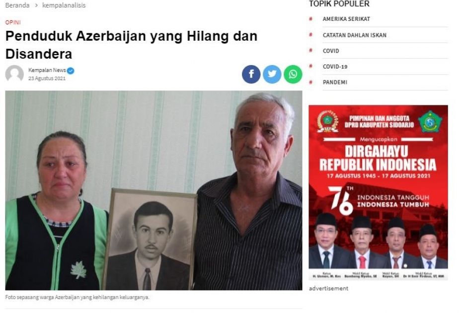 İndoneziya saytları Ermənistanın Azərbaycan ərazilərini işğal etməsi nəticəsində itkin düşənlər barədə məqalələr yayıb