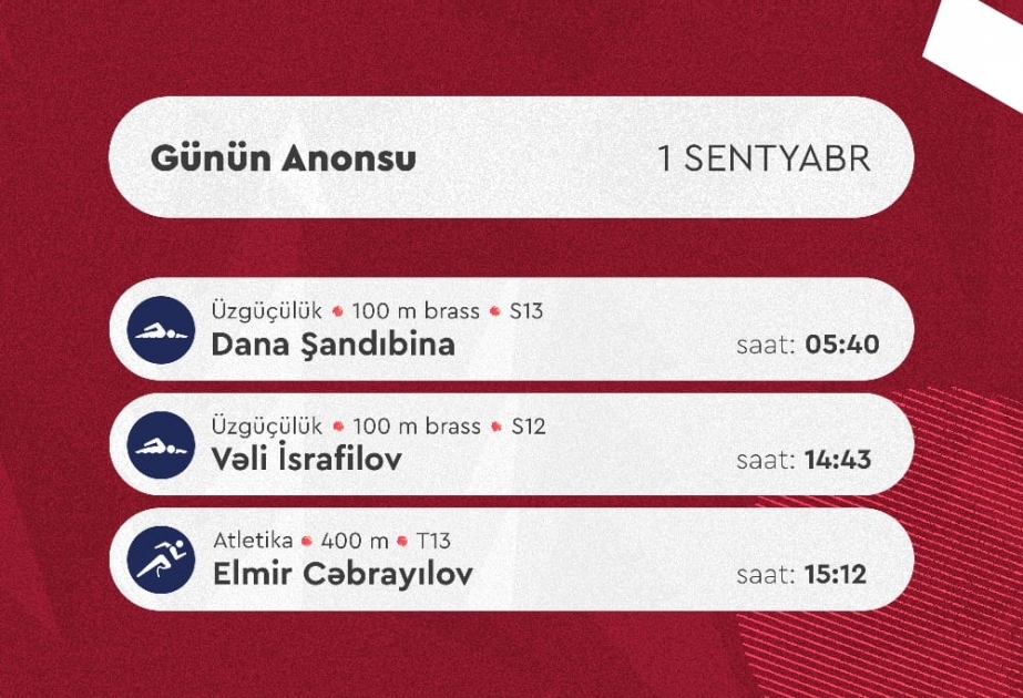 Tokio Yay Paralimpiya Oyunlarının səkkizinci günündə 3 idmançımız mübarizə aparacaq