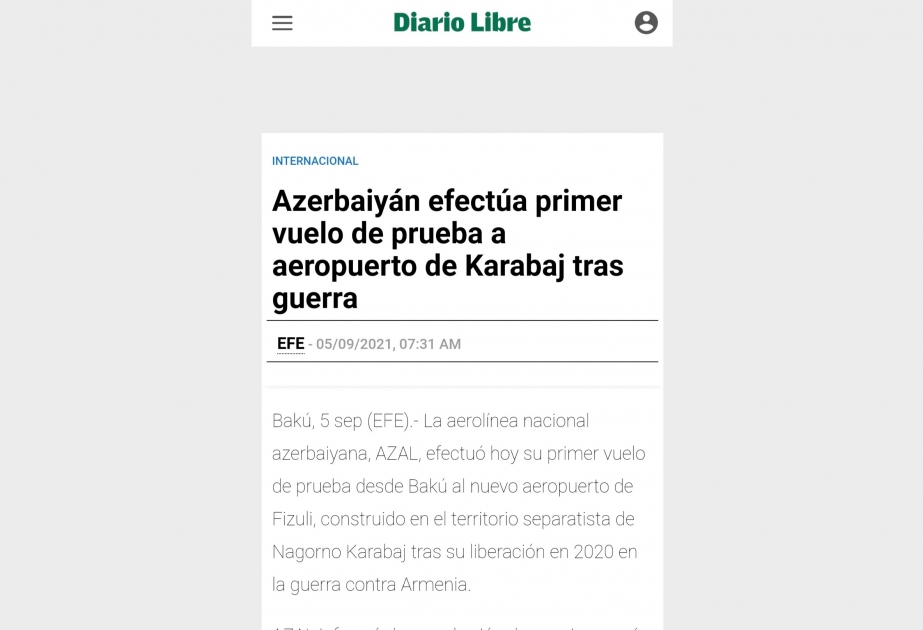 La prensa en español informa sobre el primer vuelo al aeropuerto de Karabaj