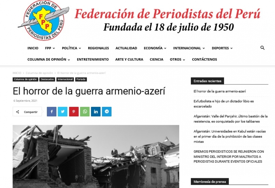İşğaldan azad olunmuş ərazilərə səfər edən perulu jurnalist bölgədə şahid olduqları barədə məqalə yazıb