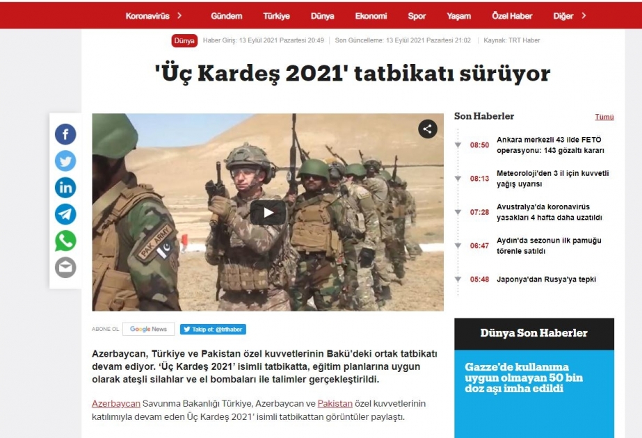 Türkiyə mediası “Üç Qardaş – 2021” beynəlxalq təlimi barədə materiallar yaymaqda davam edir