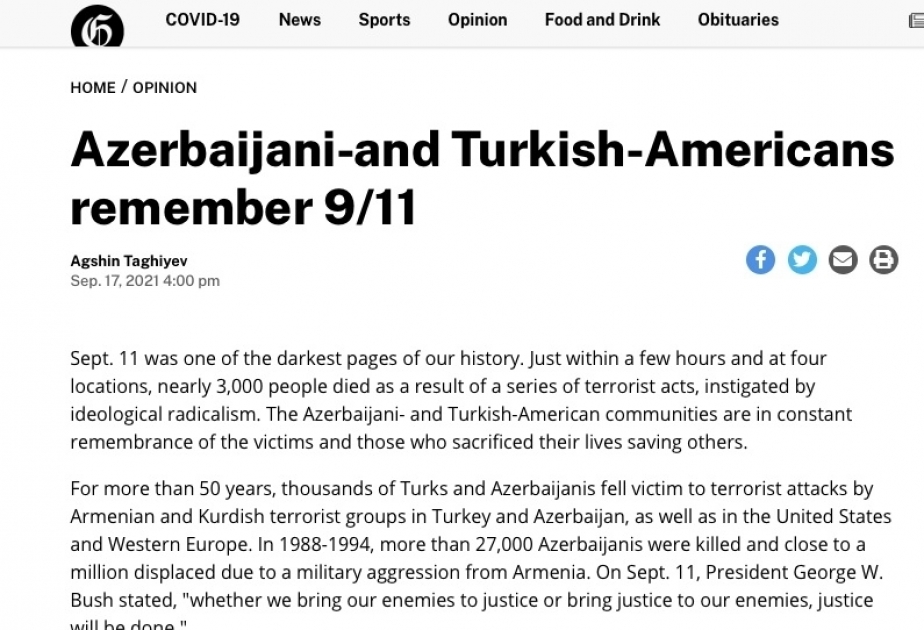 “The Gazette”: Azərbaycan və türk mənşəli amerikalılar 11 sentyabr terror aktlarının qurbanlarının xatirəsini anırlar