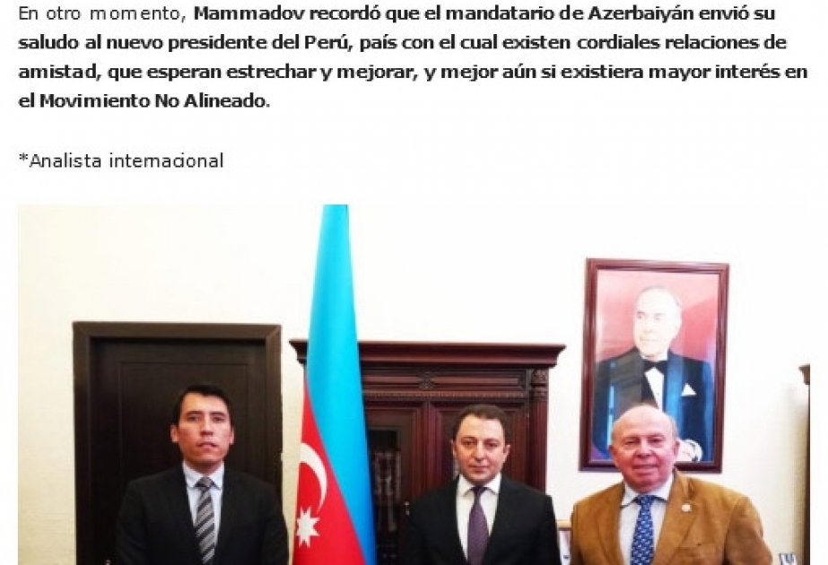 Xarici İşlər nazirinin müavini Elnur Məmmədovun müsahibəsi Peru mətbuatında geniş yayılıb