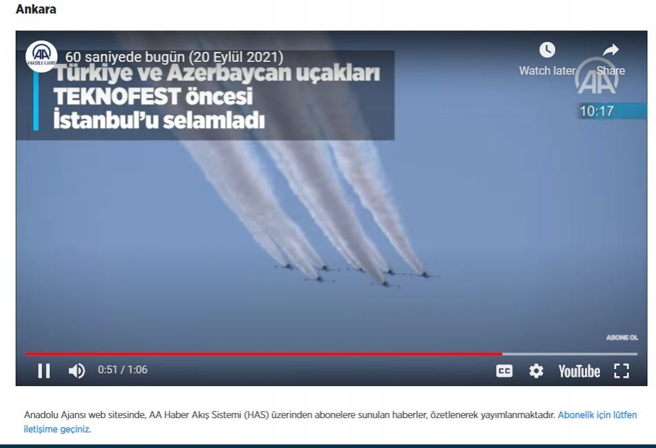 Anadolu Agentliyi: Türkiyə və Azərbaycan təyyarələri Texnofestdən əvvəl İstanbulu salamladılar