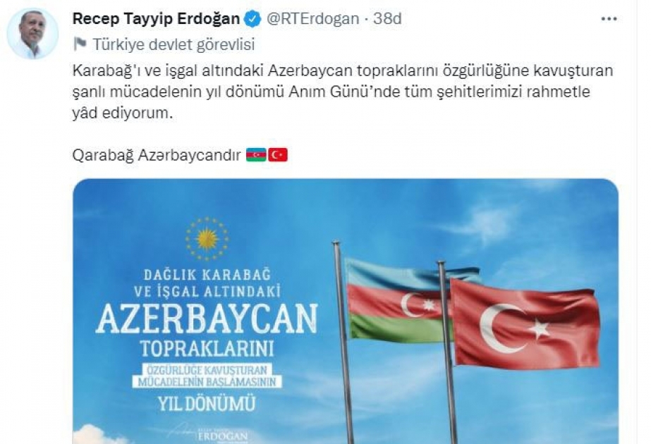Türkiyə Prezidenti Anım Günü ilə bağlı paylaşım edib