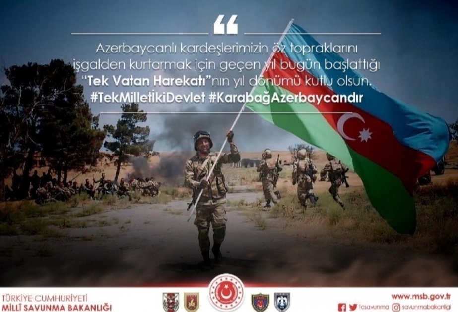 Türkiyənin Milli Müdafiə Nazirliyi Vətən müharibəsinin başlamasının birinci ildönümü münasibətilə mesaj yayımlayıb