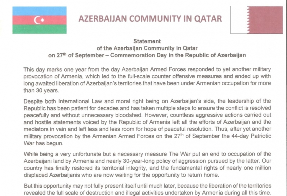 Los azerbaiyanos residentes en Qatar emiten una declaración con motivo del Día del Recuerdo