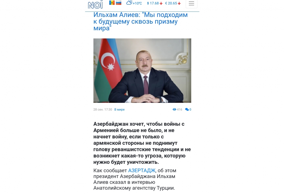 Moldovanın portalı Azərbaycan Prezidentinin Anadolu Agentliyinə və “France-24” telekanalına müsahibələrinə geniş yer ayırıb