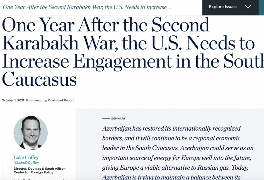 “The Heritage Foundation”: İkinci Qarabağ müharibəsindən bir il sonra ABŞ Cənubi Qafqazda iştirakını fəallaşdırmalıdır