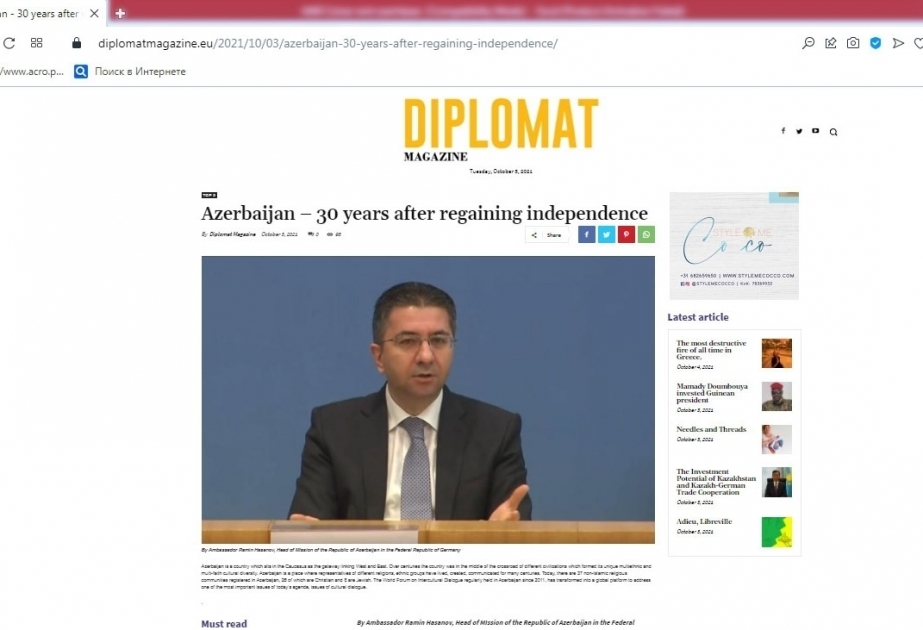 Diplomat Magazine: Azerbaijan – 30 years after regaining independence