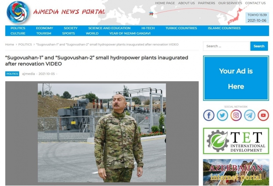El sitio web japonés difundió información sobre la inauguración de la central hidroeléctrica Sugovushan por el presidente