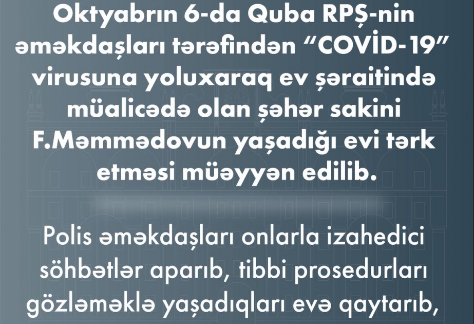 Quba rayonunda aktiv koronavirus xəstəsi ictimai yerlərdə aşkarlanaraq saxlanılıb