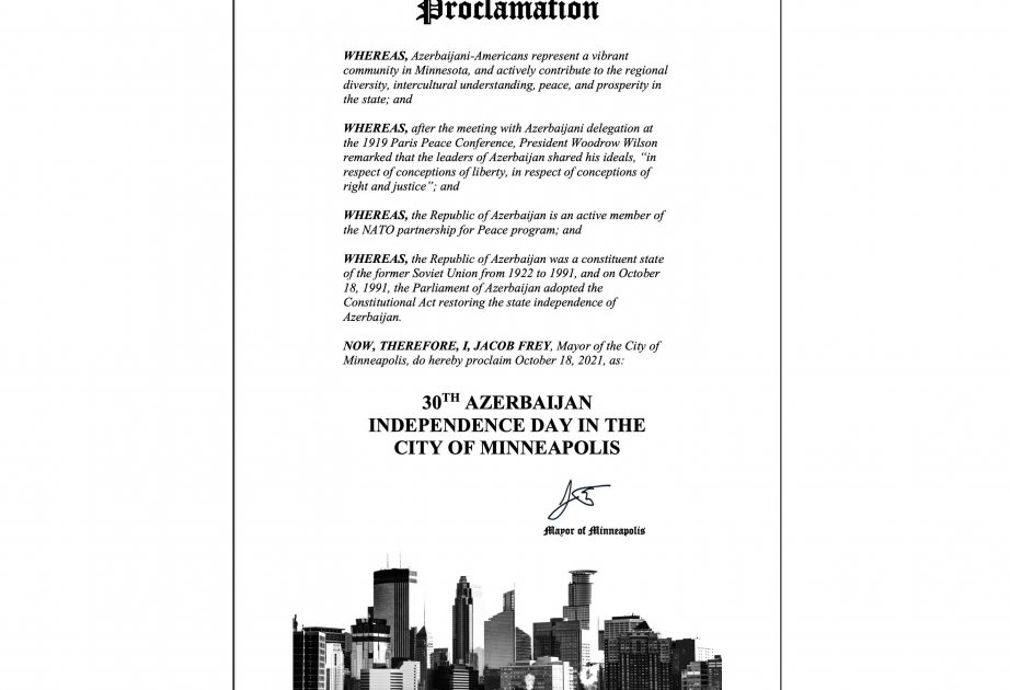 El alcalde de Minneapolis firma una declaración con motivo del 30 aniversario de la independencia de Azerbaiyán