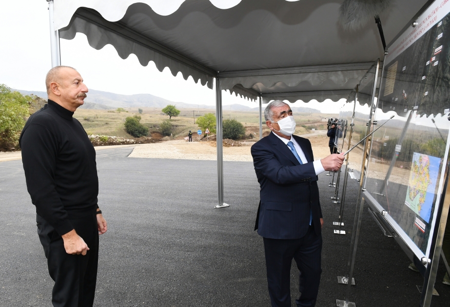 President Ilham Aliyev viewed construction work on Hadrut-Jabrayil-Shukurbayli, Tugh-Hadrut and Fuzuli-Hadrut highways VIDEO