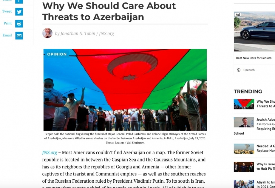 Amerikanın “The Algemeiner“ nəşri Azərbaycan-İsrail münasibətlərindən yazıb