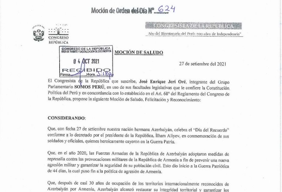 Peru Konqresi Anım Günü ilə əlaqədar bəyanat qəbul edib