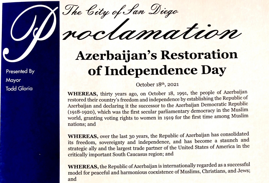 La ciudad de San Diego aprueba una declaración sobre el Día de la Restauración de la Independencia de Azerbaiyán