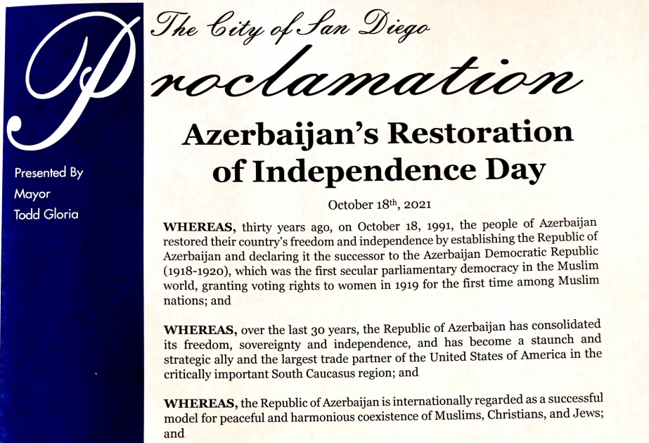 Во втором крупном городе Калифорнии 18 октября объявлено Днем Азербайджана