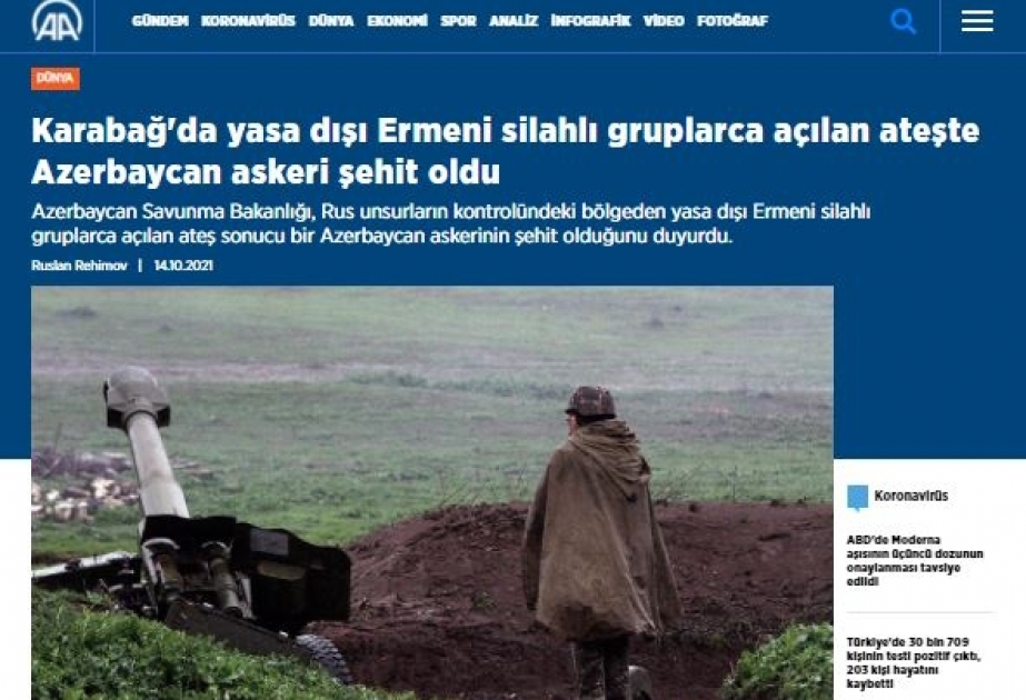 Türkiyə mediası Azərbaycan ərazisindəki qanunsuz erməni silahlı dəstələrinin növbəti silahlı təxribatından yazıb