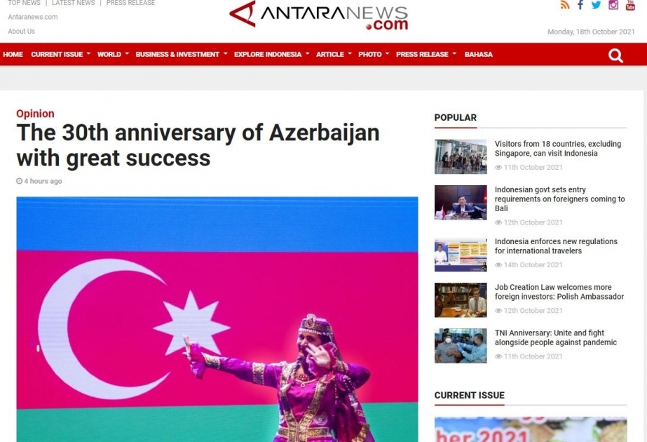 İndoneziya saytları AZƏRTAC-ın xüsusi müxbirinin Azərbaycanın müstəqilliyinin bərpasının 30-cu ildönümünə dair məqaləsini yayıb