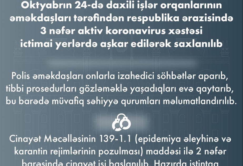 DİN: Ötən gün üç nəfər aktiv koronavirus xəstəsi ictimai yerlərdə aşkarlanaraq saxlanılıb