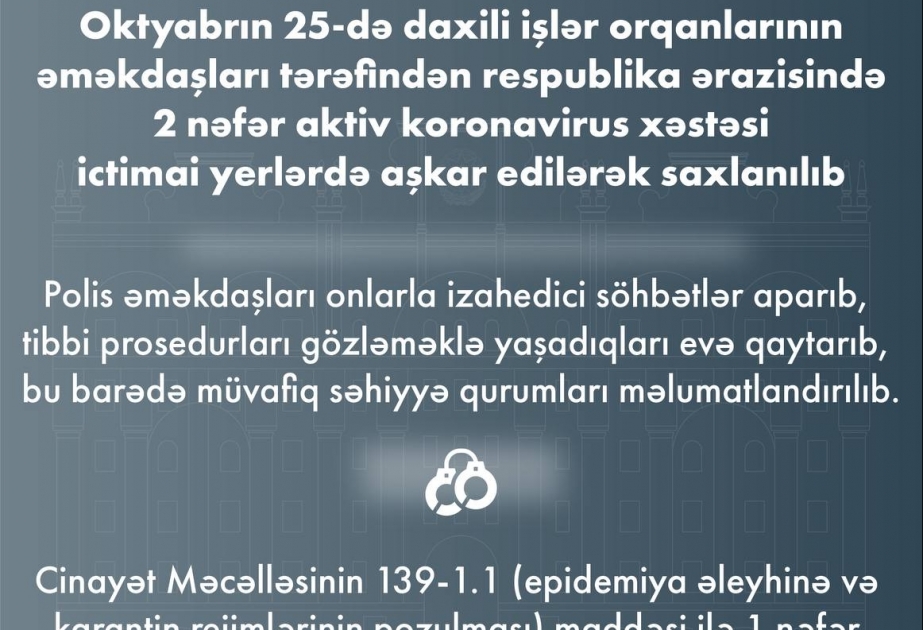 DİN: Ötən gün iki nəfər aktiv koronavirus xəstəsi ictimai yerlərdə aşkarlanaraq saxlanılıb